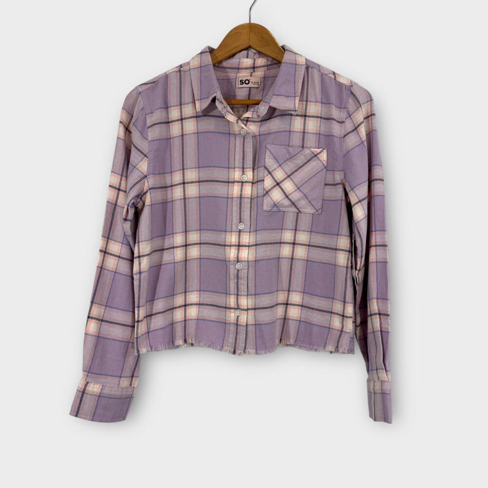 SO Girl’s Size XL 14/16 Lavender Purple Plaid Print Cropped Flannel Shirt New